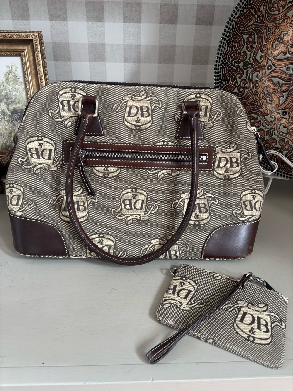 Dooney & Bourke Signature Monogram Satchel Handbag + Matching Wristlet Brown - Picture 2 of 12